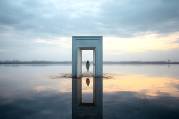 Wall Mural - silhouette of a man in an open door in nature. the concept of going through a portal to another world. fantasy of transformation of another dimension of the universe