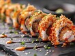 Dynamic sushi rolls with vibrant tempura flakes