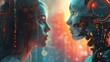 Illustrate a thought-provoking scene of humans and AI standing together, exchanging knowledge and experiences Emphasize the connection through eye-level angles, displaying mutual respect and understan