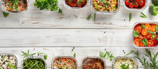 A simulated diet plan showcasing nutritious meals delivered by a healthy restaurant. Featuring natural and organic fitness nutrition options served in foil boxes on a white wooden surface.