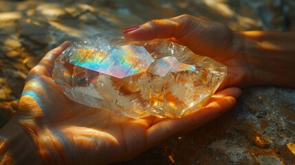 Wall Mural - A pair of hands gently holding a delicate crystal the light from its facets casting a rainbow reflection on the persons face. The image represents the idea of using tools