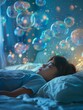 © panyawatt - Design an engaging image of a person sleeping peacefully in bed, surrounded by dream bubbles Each bubble reveals a different parallel universe scenario, showcasing the idea that dreams are windows int
