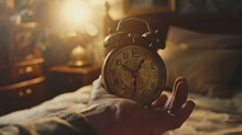 sets the alarm, male hand adjusting or changing the time on clock. vintage alarm clocks.