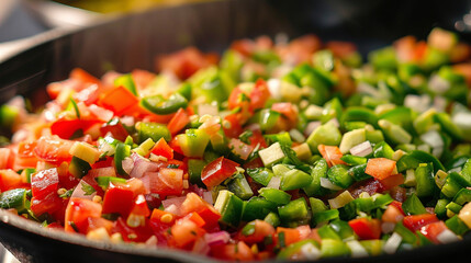 A pan filled with chopped vegetables is placed on top of a stove, ready to be cooked.