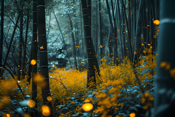 Wall Mural - lights of fireflies beetles in the evening bamboo forest. fauna and flora in nature