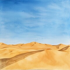  Golden watercolor dunes under a clear blue sky where desert meets sky in an endless
