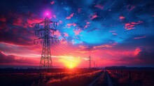 Silhouette Of High Voltage Electric Tower On Sunset Time Background