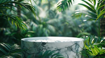 Marble pedestal with palm leaves, advertising backdrop