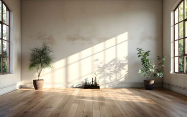 sunlit empty room with a growing flower. indoor modern interior