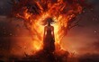 © Surachetsh - woman harnessing the power of fire. Delve into serene beauty of a shamanic girl playing frame drum in nature, skillfully crafted with blend of digital drawing and painting techniques.