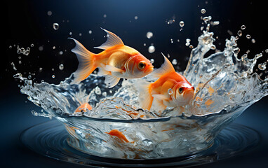 Poster - Goldfish jumping out of the water in a fishbowl. water world. fauna and biology. concept of achieving goal and freedom