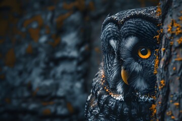 Close-up illustration of a bright yellow big-eyed owl's face on a tree. Owls can convey wisdom, knowledge, intelligence, mystery, black magic, nature, forests, wildlife with space in image for text.