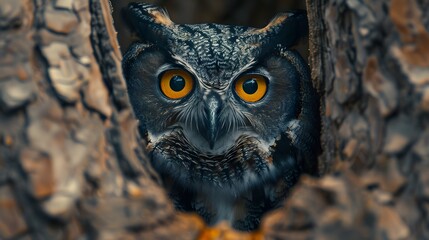 Close-up illustration of a bright yellow big-eyed owl's face on a tree. Owls can convey wisdom, knowledge, intelligence, mystery, black magic, nature, forests, wildlife with space in image for text.