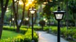 A spacious public park with lampposts that are equipped with solar panels providing ecofriendly lighting for visitors to enjoy even . AI generation.