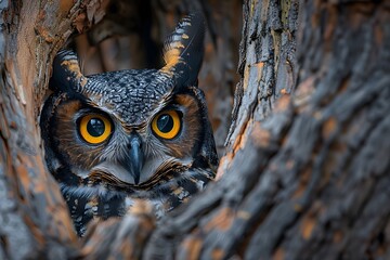 Close-up illustration of a bright yellow big-eyed owl's face on a tree. Owls can convey wisdom, knowledge, intelligence, mystery, black magic, nature, forests, wildlife with space in image for text.