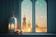 Eid mubarak and ramadan kareem greetings with islamic lantern and mosque. Eid al fitr background