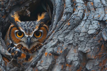 Close-up illustration of a bright yellow big-eyed owl's face on a tree. Owls can convey wisdom, knowledge, intelligence, mystery, black magic, nature, forests, wildlife with space in image for text.