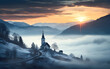 Catholic Church against the backdrop of sunrise and morning fog in the mountains. religion and christianity