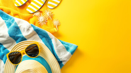 A stylish hat, trendy sunglasses, and soft towel laid out on a bright yellow background, ready for a day of fun in the sun