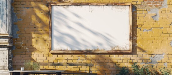 Poster - Mockup of a street store vintage signboard on a white blank surface against an aged yellow brick wall.