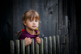Fototapeta  - A cute little girl looks out from behind a rustic wooden fence.