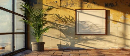 Wall Mural - Mockup of a poster in a picture frame placed on wooden tiles floor with an attractive shadow effect.