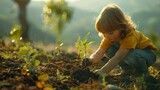Fototapeta Most - The girl plants a small green plant in the prepared soil. Earth Day.