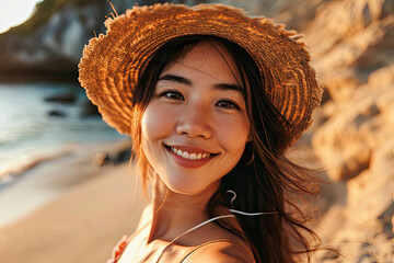 Portrait of happy smiling asian young woman wear summer hat on the beach