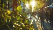 A closeup of a bustling sidewalk bustling with pedestrians their paths illuminated by the dappled light shining through the leaves of the trees that line the street creating