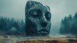 A mysterious foggy landscape with an ancient stone sculpture of a third eye emerging from the ground signifying the awakening of spiritual wisdom and insight.