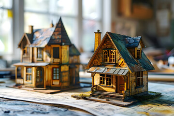 Wall Mural - wooden model of a house on a table with drawings. construction and architecture