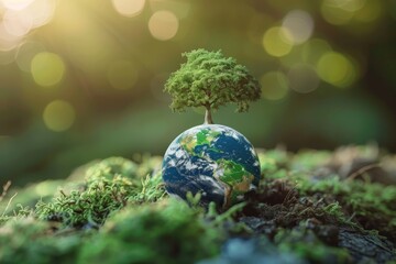 Wall Mural - globe on ground with tree sapling, forest background
