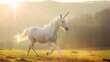 A unicorn runs free in a spring field, sunshine, fantasy backgrounds with copy space.