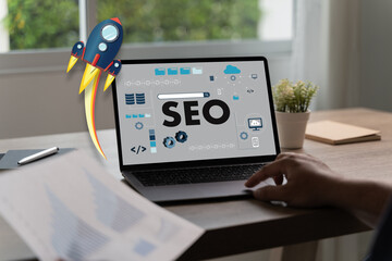 Poster - seo search engine optimization for web content digital marketing media man using and typing on a dig