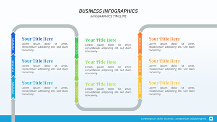 Arrow Timeline Infographic Presentation Template with 9 Steps and Editable Text on a 16:9 Layout for Business Presentations, Management, and Evaluation.