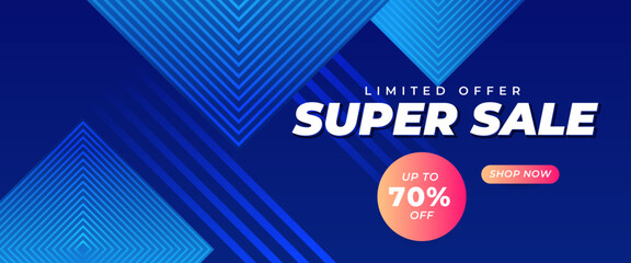 Poster - Blue and peach stylish modern super sale banner template design with shapes. For sale background, poster, flyer, catalog