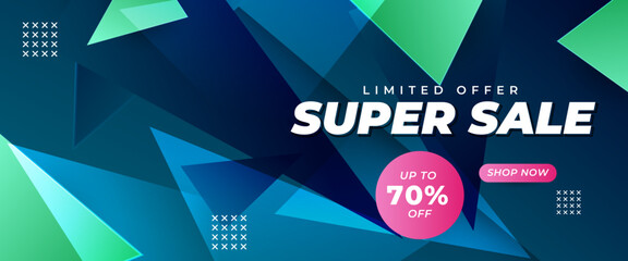 Poster - Blue pink and green vector super sale shopping banner template design with shapes. For sale background, poster, flyer, catalog
