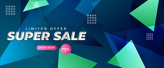 Poster - Blue pink and green stylish modern super sale banner template design with shapes. For sale background, poster, flyer, catalog
