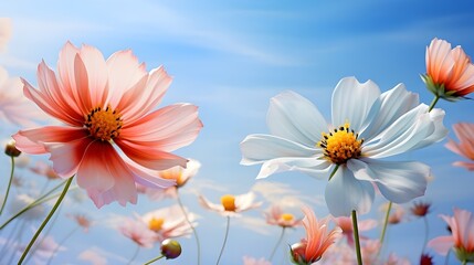 Campo de flores del cosmos con fondo de cielo brillante ia generativa
