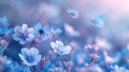  Fluttering Butterflies and Wild Blue Flowers in a Field - Close-Up Macro Artistic Image with Blue and Purple Tones