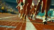 A symphony of movement captured in a closeup shot of sprinters bursting out of the starting blocks all striving for victory.