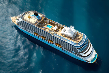 cruise ship sails in the ocean along its travel route. sea ​​recreation and tourism. top view