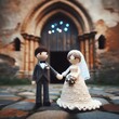 Happy wedding 3d realistic wedding couple dolls Crochets figures shaking hands in wedding. wedding celebration atmosphere with a rural background and old buildings. ai generated
