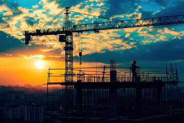 Wall Mural - Crane and building with sunset background