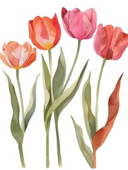 Poster - Vibrant Watercolor Tulips in Shades of Pink,Red,and Orange Blossoming in a Lush Floral Arrangement