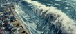 An aerial view of a powerful tsunami with its immense force visible as it barrels towards the shore.