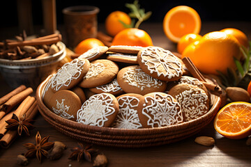 Wall Mural - assorted decorative Christmas cookies and oranges. dessert and holiday baking. creative handmade