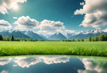 Wall Mural - Panoramic natural landscape with green grass field, blue sky with clouds and and mountains in background. Panorama summer spring meadow. Shallow depth of field.