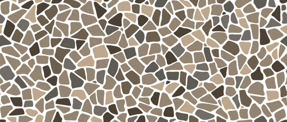 Mosaic pebble stone ground pattern. Vector tile background with arranged small, rounded rocks, creating captivating, textured cobblestone or rubble rocks covered surface with natural colors and shapes