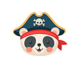 Wall Mural - Cartoon panda bear animal pirate and corsair. Sailor and captain, skipper and boatswain character. Isolated vector cute, kawaii, sweet personage face in tricorn hat with skull emblem and red bandana